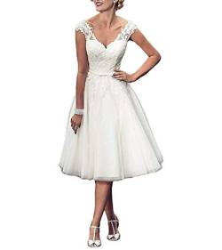 Carnivalprom Damen A-Linie V-Ausschnitt Tüll Hochzeitskleid Brautkleid Standesamt Rückenfrei Knielang (Elfenbein 02,40) von Carnivalprom