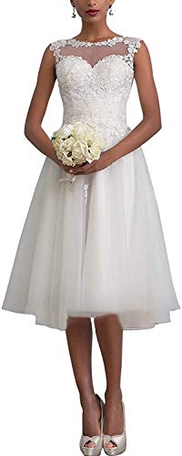 Carnivalprom Damen Sheer Spitze Hochzeitskleid Brautkleid Elegant Abendkleider Kurz Ballkleid (38, Elfenbein) von Carnivalprom