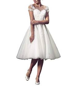 Carnivalprom Damen Sheer Spitze Hochzeitskleid Brautkleid Elegant Kurz Applique Abendkleider Ballkleid(Weiß 05,38) von Carnivalprom