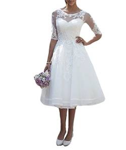 Carnivalprom Damen Spitze Hochzeitskleid Brautkleid mit Ärmeln Sheer Rundhals Abendkleider (38, Weiß) von Carnivalprom