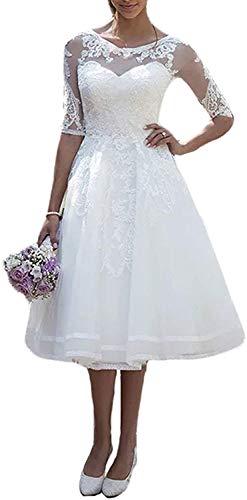 Carnivalprom Damen Spitze Hochzeitskleid Brautkleid mit Ärmeln Sheer Rundhals Abendkleider (42, Weiß) von Carnivalprom