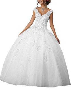 Carnivalprom Damen V-Ausschnitt Quinceanera Kleider Mit Spitze Abendkleider Lang Hochzeitskleider Elegant Ballkleid(Weiß,42) von Carnivalprom