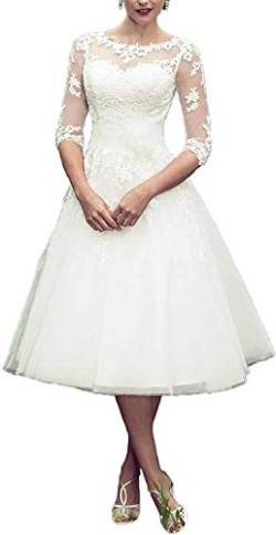 Damen Applikationen Hochzeitskleid Standesamt Kurz Weiß A Linie 3/4 Länge Transparent Brautkleider mit ärmel (Elfenbein 03,36) von Carnivalprom