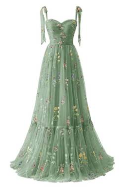 Frauen Blumen Stickerei Abendkleider Abschlussball Kleider Spaghetti Träger Brautjungfernkleid A Line Formal Party Kleid(A-Grün,40) von Carnivalprom