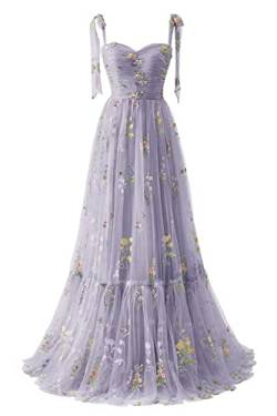 Frauen Blumen Stickerei Abendkleider Abschlussball Kleider Spaghetti Träger Brautjungfernkleid A Line Formal Party Kleid(A-Lavendel,34) von Carnivalprom