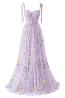 Frauen Blumen Stickerei Abendkleider Abschlussball Kleider Spaghetti Träger Brautjungfernkleid A Line Formal Party Kleid(A-Lilac,36) von Carnivalprom