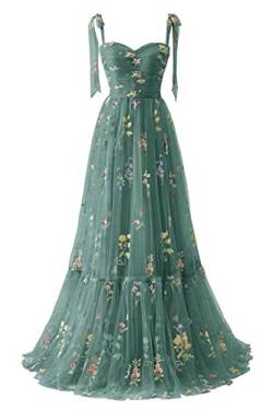 Frauen Blumen Stickerei Abendkleider Abschlussball Kleider Spaghetti Träger Brautjungfernkleid A Line Formal Party Kleid(A-Pfau,32) von Carnivalprom