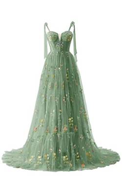 Frauen Blumen Stickerei Abendkleider Abschlussball Kleider Spaghetti Träger Brautjungfernkleid A Line Formal Party Kleid(B-Grün,38) von Carnivalprom