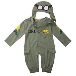 Carolilly 2 Stück Herbst komplette Neugeborenen Jacke Pilot Stil grün Militär lange Ärmel + Hut Unisex Baby Bodysuit Baby Body Anzug (Militär-Grün, 12-18 Monate) von Carolilly