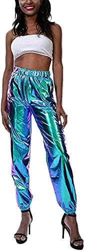 Carolilly Metallic Hose Damen High Waist Hose Streetwear Damen Haremshose Hip Hop Reflektierende Hose Clubwear (Blau, M) von Carolilly