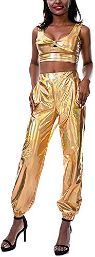 Carolilly Metallic Hose Damen High Waist Hose Streetwear Damen Haremshose Hip Hop Reflektierende Hose Clubwear (Gold, 2XL) von Carolilly