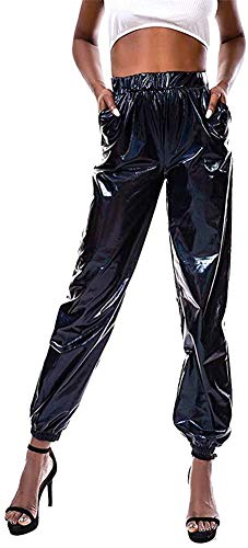 Carolilly Metallic Hose Damen High Waist Hose Streetwear Damen Haremshose Hip Hop Reflektierende Hose Clubwear (Schwarz, M) von Carolilly