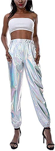 Carolilly Metallic Hose Damen High Waist Hose Streetwear Damen Haremshose Hip Hop Reflektierende Hose Clubwear (Silber1, 2XL) von Carolilly