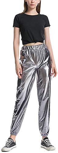 Carolilly Metallic Hose Damen High Waist Hose Streetwear Damen Haremshose Hip Hop Reflektierende Hose Clubwear (Silber2, M) von Carolilly