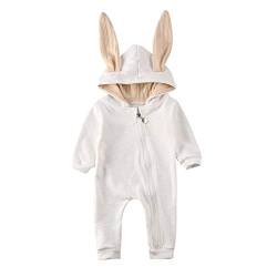 Carolilly Schlafanzug Baby Mädchen Pyjama Jungen Strampler Ostern Hasen Ohren Hoodie Herbst Winter (Weiß 1, 0-6 Monate, 59) von Carolilly