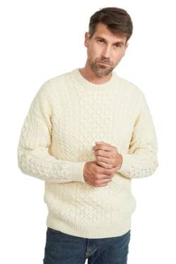 Carraig Donn 100% Merinowolle Traditioneller Woll-Aran-Pullover mit Rundhalsausschnitt, in Natur/Haferflocken (Haferflocken, Large) (Weiß, L) von Carraig Donn