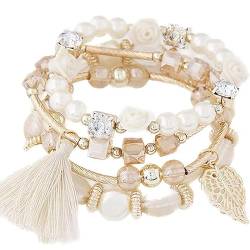 Carufin Crystal Multilayer Pearl Armbänder Temperament Quaste Elastizität Armband Hand Accessoires Schmuck für Frauen und Mädchen (Beige) von Carufin