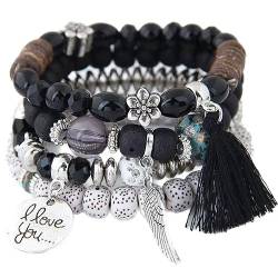 Carufin Crystal Multilayer Türkis Armbänder Boho Perlen Quaste Elastizität Armband Hand Accessoires Schmuck für Damen und Herren (Schwarz) von Carufin