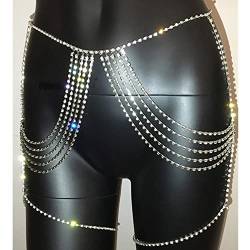 Carufin Party Kristall Taillenkette Beinkette Silber geschichtete Körperketten Oberschenkelkette Sexy Bikini Bauchkette Schmuck Zubehör Einstellbar für Frauen und Mädchen von Carufin
