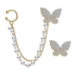 Carufin Schmetterling Ohrstecker Gold Perlenkette Ohrclips Trendige Kristallohrringe für Damen A (2er Pack) von Carufin