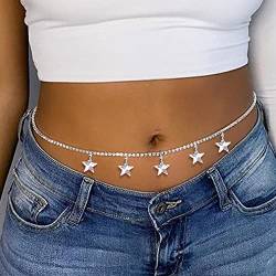 Carufin Stern Anhänger Taillenkette Silber Kristall Herz Körperkette Sexy Bikini Bauchkette Gürtel Sommer Strand Schmuck Einstellbar für Frauen und Mädchen (Sterne) von Carufin