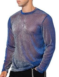 Casey Kevin Herren Langarmshirts Muskel Transparent Hemd Mesh Shirts Sparkle & Shine Shirts Netz T-Shirt Durchsichtig Rundkragen Oberteile Clubwear von Casey Kevin