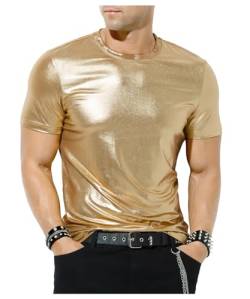 Casey Kevin Herren Metallic Glänzend Shirt Solides Goldenes Silber Hemd Glitzer Nachtclub T-Shirts 70er 80er Disco Bronzing Party Kostüm von Casey Kevin