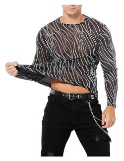 Casey Kevin Langarmshirts Herren Glitzer Muskel Transparent Hemd Tüll Mesh Shirts Freizeithemden Durchsichtig Oberteile Sexy Party Outfit Netz T-Shirt von Casey Kevin