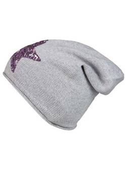 Cashmere Dreams Slouch-Beanie-Mütze mit Kaschmir - Hochwertige Strickmütze für Damen Mädchen - Hat - Pailletten Stern - One Size - Sommer Herbst und Winter Zwillingsherz (hellgrau/rosa) von Cashmere Dreams