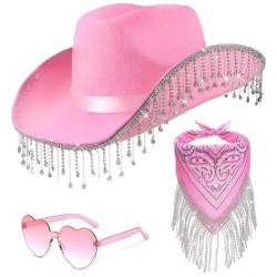 Damen-cowboyhut-Set Bandana Und Herzförmiger Sonnenbrille, Cowgirl-Hut -randbrand-krempe Cowgirl Hut (pink) von Casiler