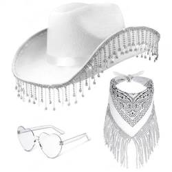 Frauen Cowboy-Hut Bandana Und Herzförmiger Sonnenbrille, Cowgirl-Hut -randbrand-krempe Cowgirl Hut (weiß) von Casiler