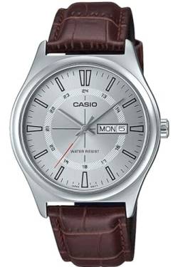 Casio MTP-V006L-7C Herren-Armbanduhr, Lederarmband, 24 Stunden, silberfarbenes Zifferblatt, Tag und Datum, 3-Zeiger, analoge Armbanduhr, silber, Casual MTP-V006L-7CUDF von Casio