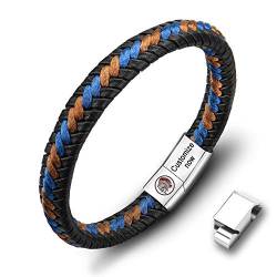 Casisto.J Lederarmband Herren Armband Herren Männer Leder Edelstahl Gravur Schwarz Braun Geflochten mit Magnet Verschluss (Blau, 20) von Casisto.J