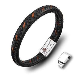 Casisto.J Lederarmband Herren Armband Herren Männer Leder Edelstahl Gravur Schwarz Braun Geflochten mit Magnet Verschluss (Customized-Schwarz, 22) von Casisto.J