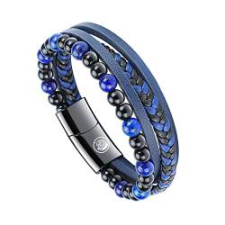 Casisto.J Lederarmband Herren Armband Herren Männer Leder Geflochten Perlen Edelstahl Schwarz Braun Blau mit Magnet Verschluss Einfache Verpackung von Casisto.J