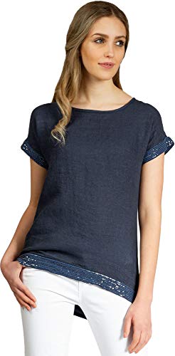 Caspar BLU022 Elegante Damen Kurzarm Sommer Shirtbluse aus Leinen mit Paillettensaum, Farbe:dunkelblau, Größe:42 von Caspar