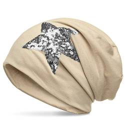 Caspar MU138 Klassiche leichte Beanie Mütze mit Glitzer Stern, Farbe:beige, Größe:One Size von Caspar