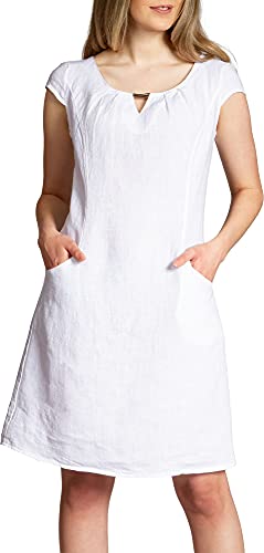 Caspar SKL020 knielanges Damen Sommer Leinenkleid mit eleganter Metallspange bis Größe 50, Farbe:Weiss, Größe:3XL - DE46 UK18 IT50 ES48 US16 von Caspar