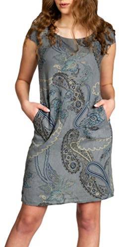 Caspar SKL022 Damen Sommer Leinenkleid mit Paisley Print bis Größe 50, Farbe:dunkelgrau, Größe:S - DE36 UK8 IT40 ES38 US6 von Caspar