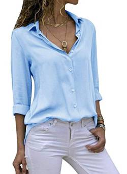 Cassiecy Damen Bluse Chiffon Elegant V-Ausschnitt Langarm Casual Oberteile Hemd Lose Langarmshirt Tops (L, Hellblau-2) von Cassiecy