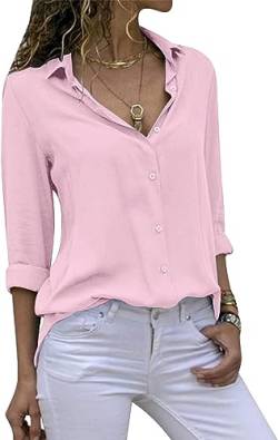 Cassiecy Damen Bluse Chiffon Elegant V-Ausschnitt Langarm Casual Oberteile Hemd Lose Langarmshirt Tops (L, Rosa) von Cassiecy