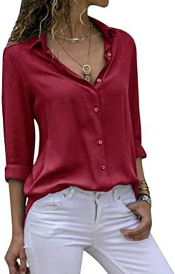 Cassiecy Damen Bluse Chiffon Elegant V-Ausschnitt Langarm Casual Oberteile Hemd Lose Langarmshirt Tops (L, Weinrot-2) von Cassiecy