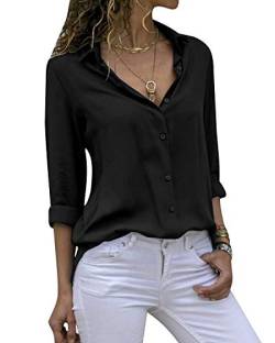 Cassiecy Damen Bluse Chiffon Elegant V-Ausschnitt Langarm Casual Oberteile Hemd Lose Langarmshirt Tops (M, Schwarz) von Cassiecy