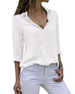 Cassiecy Damen Bluse Chiffon Elegant V-Ausschnitt Langarm Casual Oberteile Hemd Lose Langarmshirt Tops (XL, Weiß) von Cassiecy