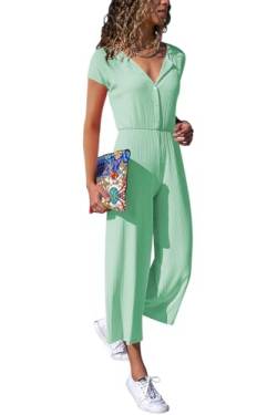 Cassiecy Jumpsuit Damen Elegant Kurzarm Playsuit V-Ausschnitt Casual Lose Overalls Lang Romper(S, Grün-2 von Cassiecy