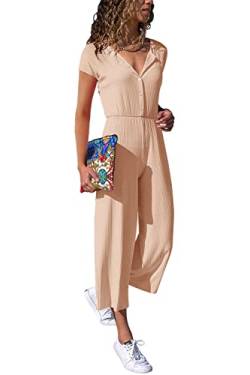 Cassiecy Jumpsuit Damen Elegant Kurzarm Playsuit V-Ausschnitt Casual Lose Overalls Lang Romper (Champagner,S) von Cassiecy