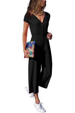 Cassiecy Jumpsuit Damen Elegant Kurzarm Playsuit V-Ausschnitt Casual Lose Overalls Lang Romper (M, Z-Schwarz) von Cassiecy