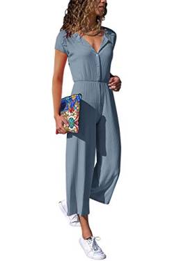 Cassiecy Jumpsuit Damen Elegant Kurzarm Playsuit V-Ausschnitt Casual Lose Overalls Lang Romper (ZY2-Blau,L) von Cassiecy