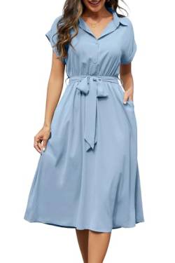 Cassiecy Sommerkleid Damen Knielang Kurzarm Blusenkleid Elegant V-Ausschnitt Midikleid Casual Wickelkleid Strandkleid mit Taschen（M,Blau） von Cassiecy