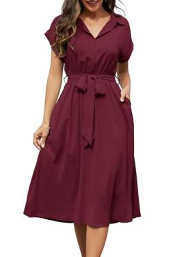 Cassiecy Sommerkleid Damen Knielang Kurzarm Blusenkleid Elegant V-Ausschnitt Midikleid Casual Wickelkleid Strandkleid mit Taschen（XL,Weinrot） von Cassiecy